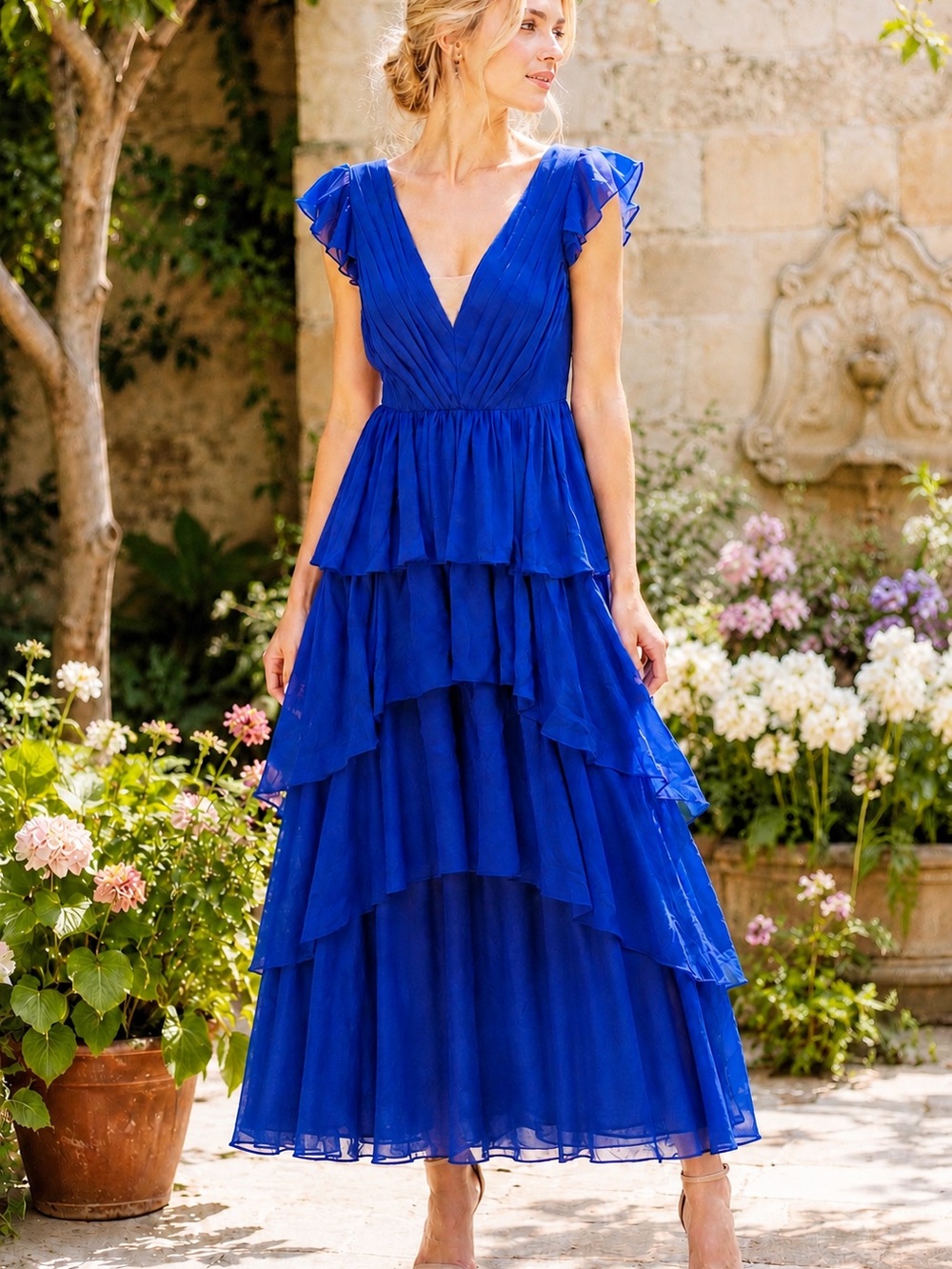 Royal Blue Chiffon Ruffle Tiered Maxi Dress Flutter Sleeve V-Neck US 4